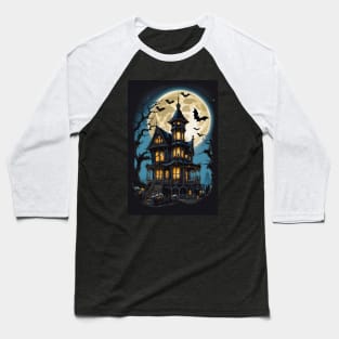 Spooky Moonlight Haunted House Halloween Baseball T-Shirt